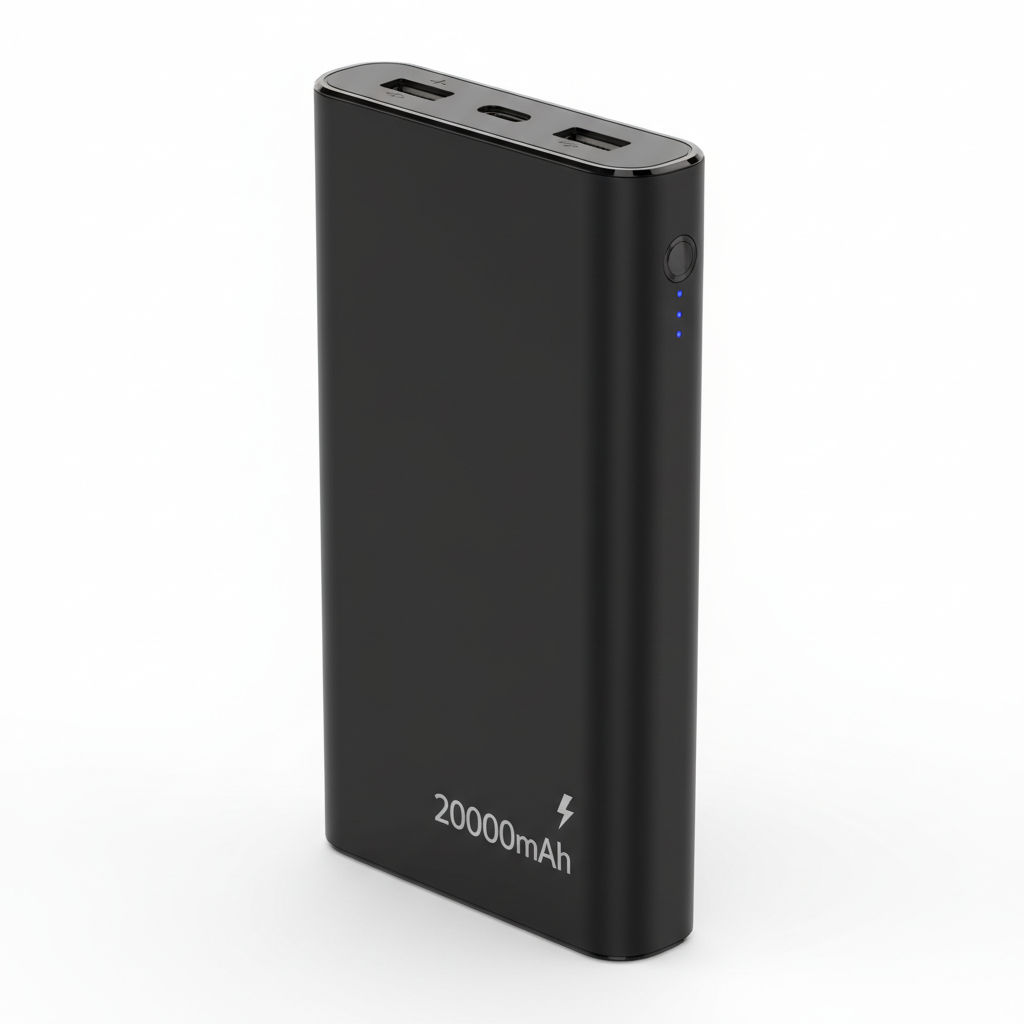 Slim black portable power bank with USB ports